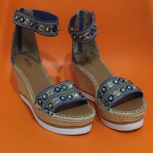 Vaneli Blue and Tan Wedge Sandals with Studded Details
